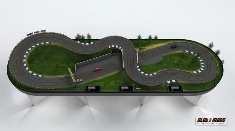 Made to look realistic, the 5 x 16, three-lane, wooden, handcrafted layout exhibits realistically painted track surfaces, trees, shrubs, and apex markers