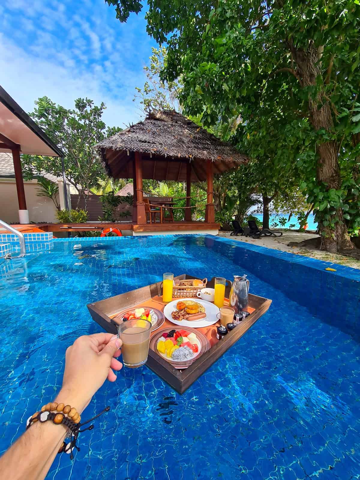 Floating breakfast at Hilton Seychelles Labriz