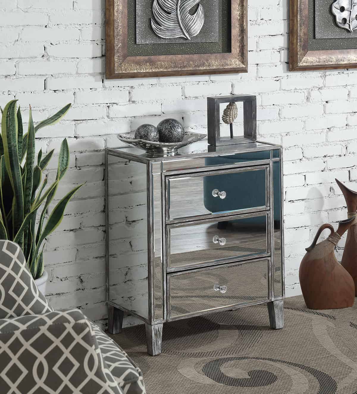 Convenience Concepts Three-Drawer Mirrored Table